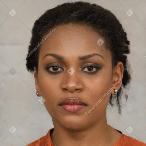 Neutral black young-adult female with short  black hair and brown eyes