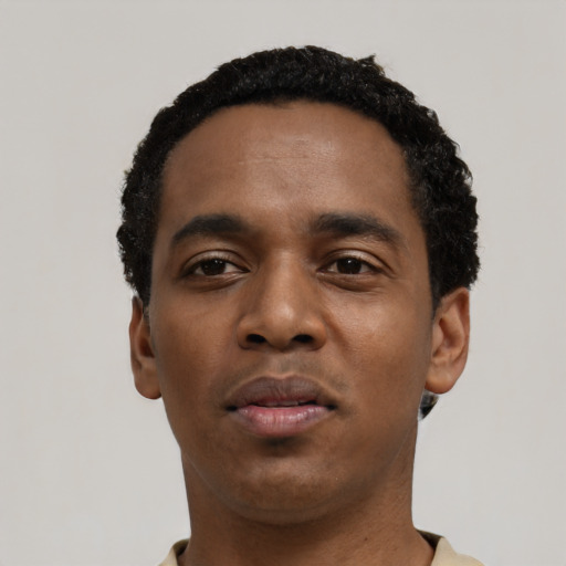Neutral black young-adult male with short  black hair and brown eyes