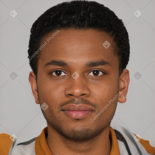 Joyful latino young-adult male with short  brown hair and brown eyes