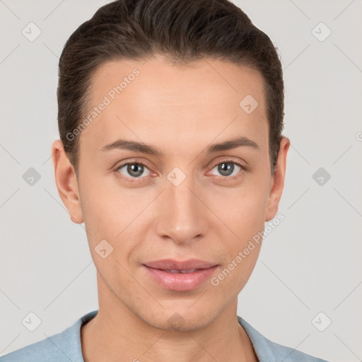 Joyful white young-adult male with short  brown hair and brown eyes