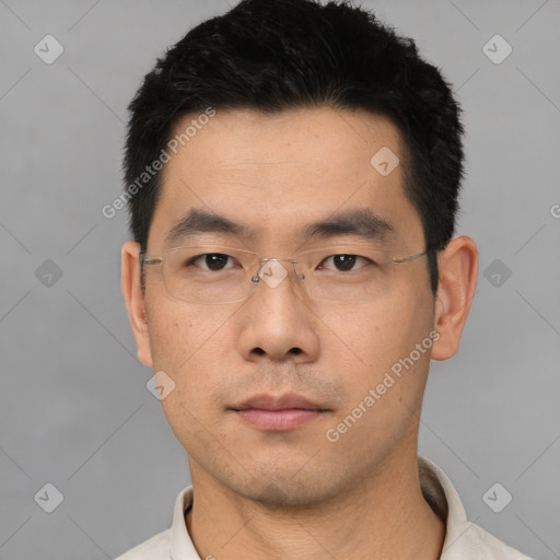 Neutral asian young-adult male with short  black hair and brown eyes