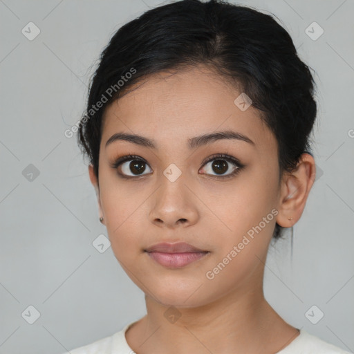 Neutral latino young-adult female with short  brown hair and brown eyes