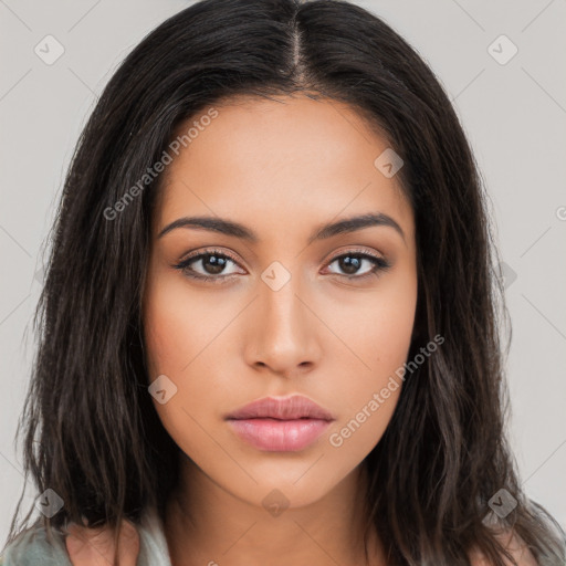 Neutral asian young-adult female with long  brown hair and brown eyes