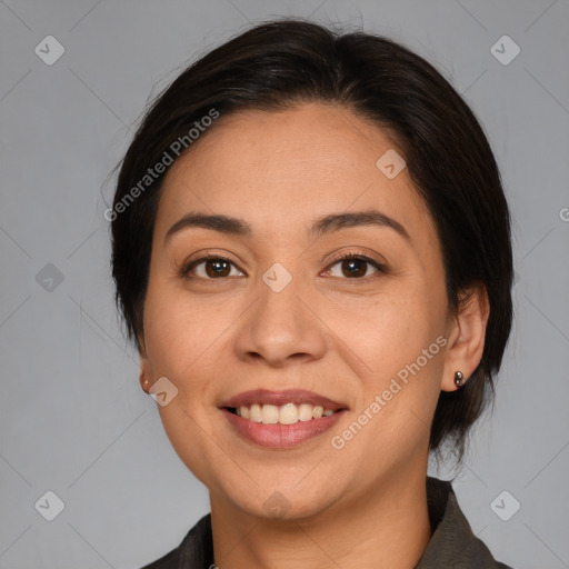 Joyful white young-adult female with medium  brown hair and brown eyes