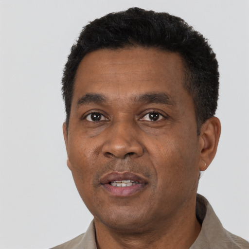 Neutral black adult male with short  black hair and brown eyes