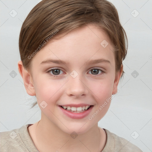 Joyful white child female with short  brown hair and grey eyes