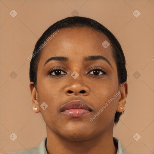 Neutral black young-adult female with short  brown hair and brown eyes