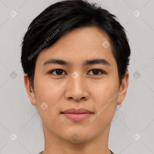 Joyful asian young-adult male with short  brown hair and brown eyes