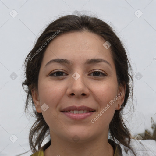 Joyful white young-adult female with medium  brown hair and brown eyes