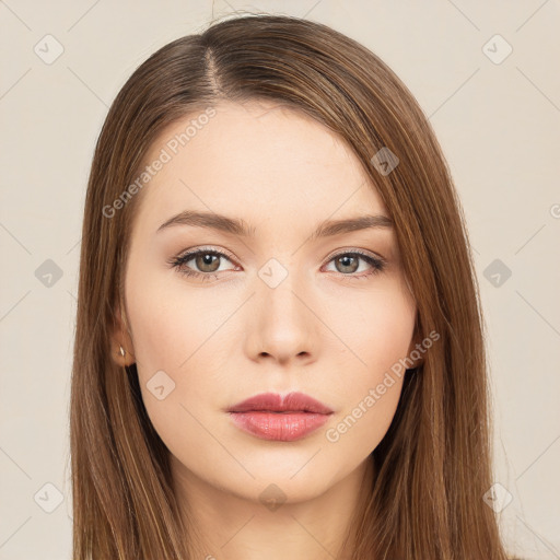 Neutral white young-adult female with long  brown hair and brown eyes