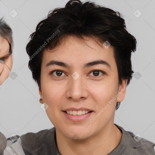 Joyful asian young-adult female with short  brown hair and brown eyes