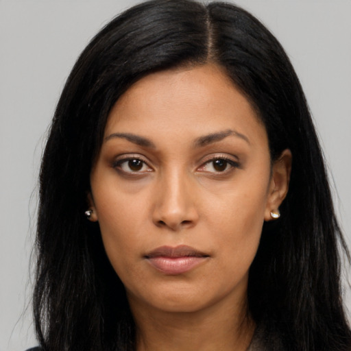 Neutral asian young-adult female with long  black hair and brown eyes