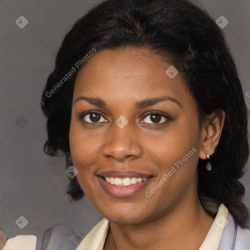 Joyful black young-adult female with medium  black hair and brown eyes