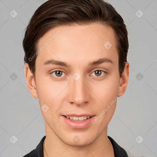 Joyful white young-adult female with short  brown hair and grey eyes