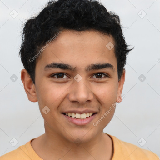 Joyful latino young-adult male with short  brown hair and brown eyes