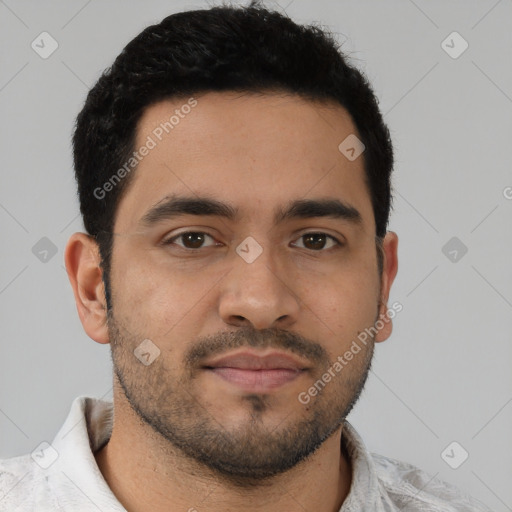 Neutral latino young-adult male with short  black hair and brown eyes