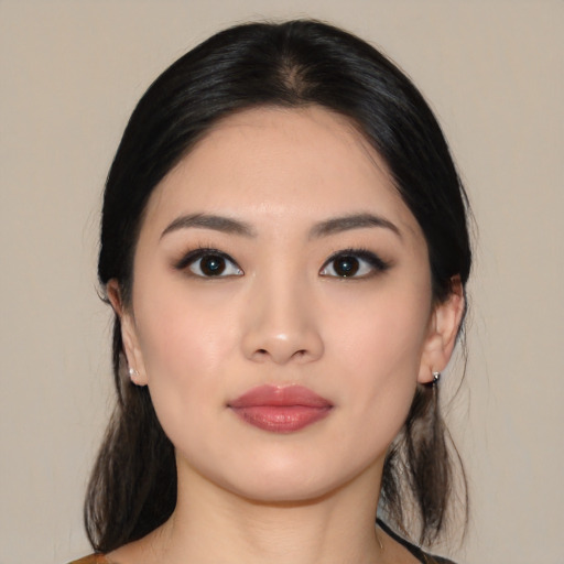 Neutral asian young-adult female with medium  black hair and brown eyes