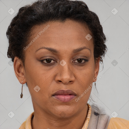 Joyful latino adult female with short  brown hair and brown eyes