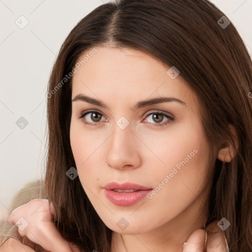 Neutral white young-adult female with long  brown hair and brown eyes