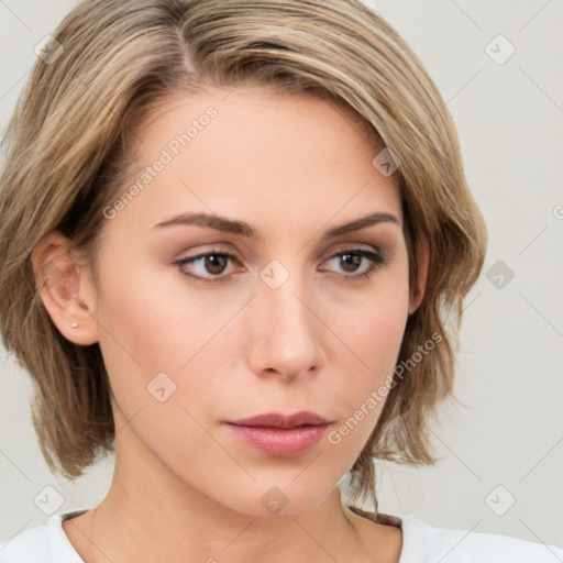 Neutral white young-adult female with medium  brown hair and green eyes