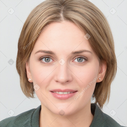 Joyful white young-adult female with medium  brown hair and blue eyes