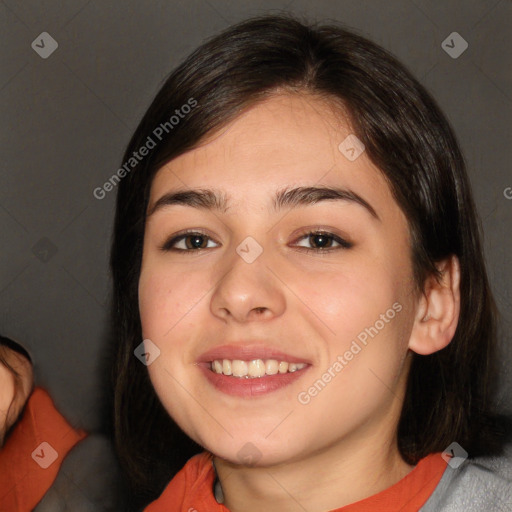 Joyful white young-adult female with medium  brown hair and brown eyes