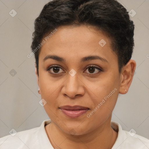 Joyful latino young-adult female with short  brown hair and brown eyes