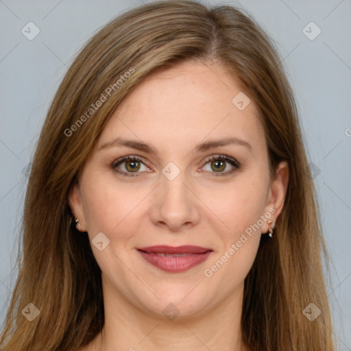 Joyful white young-adult female with long  brown hair and green eyes