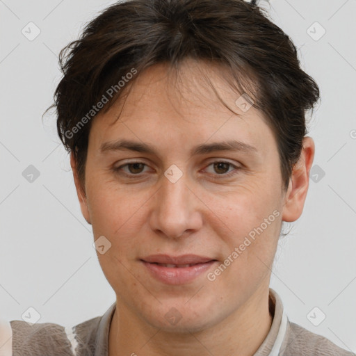 Joyful white adult female with short  brown hair and brown eyes