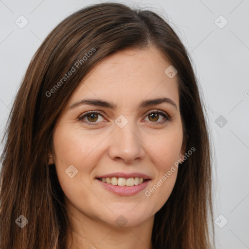 Joyful white young-adult female with long  brown hair and brown eyes