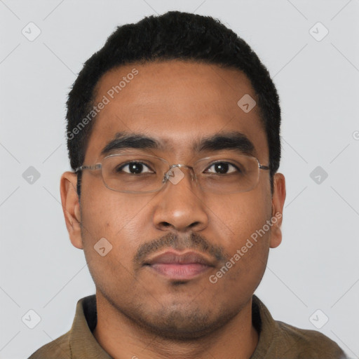 Neutral latino young-adult male with short  black hair and brown eyes