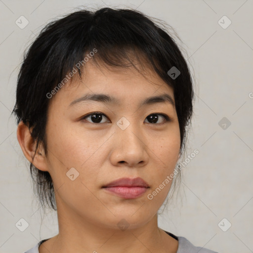 Neutral asian young-adult female with medium  brown hair and brown eyes