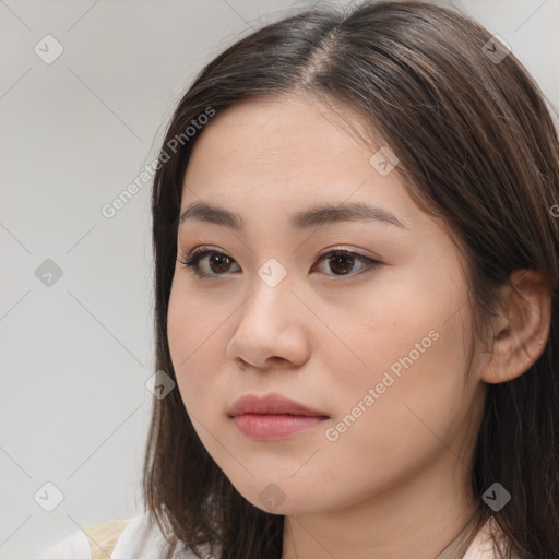 Neutral white young-adult female with medium  brown hair and brown eyes