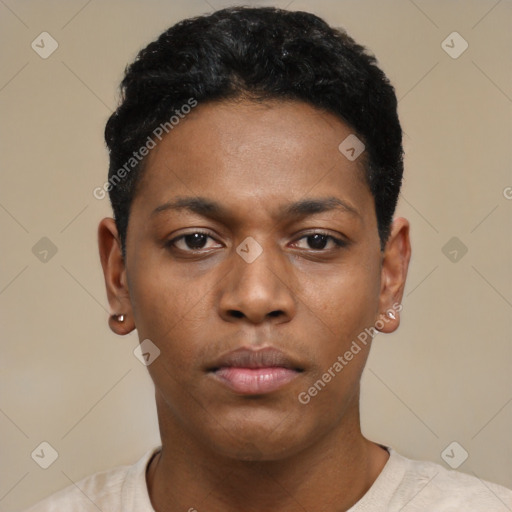 Neutral black young-adult female with short  black hair and brown eyes