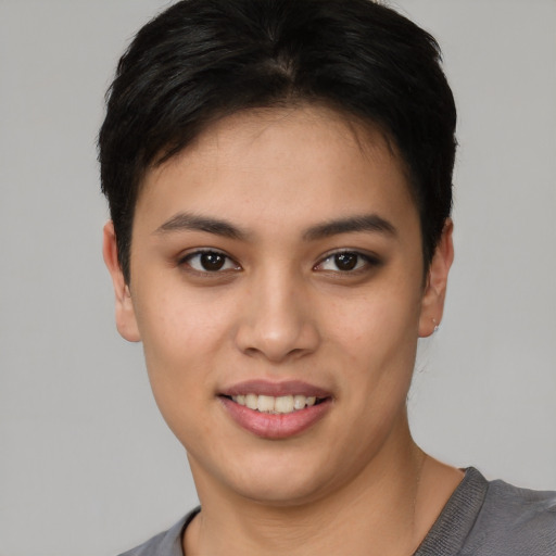 Joyful asian young-adult female with short  brown hair and brown eyes