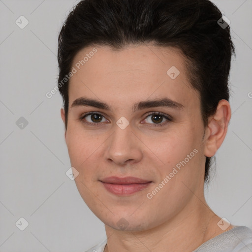 Joyful white young-adult female with short  brown hair and brown eyes