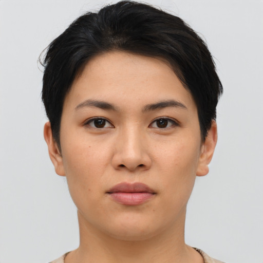 Neutral asian young-adult female with short  black hair and brown eyes