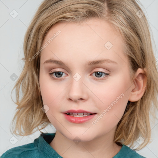 Joyful white child female with medium  brown hair and blue eyes