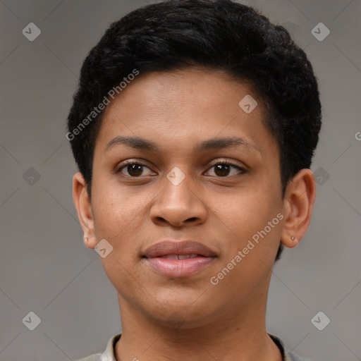 Joyful latino young-adult female with short  black hair and brown eyes