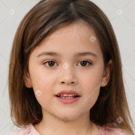 Joyful white child female with medium  brown hair and brown eyes