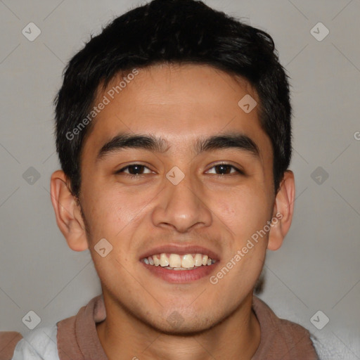 Joyful latino young-adult male with short  brown hair and brown eyes