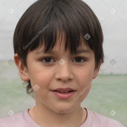 Joyful white child female with short  brown hair and brown eyes