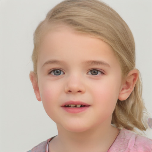 Joyful white child female with medium  brown hair and blue eyes