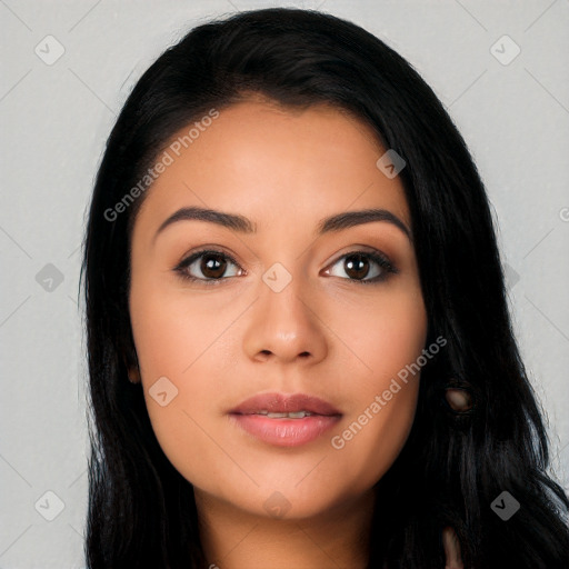 Neutral latino young-adult female with long  black hair and brown eyes