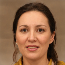 Joyful white adult female with medium  brown hair and brown eyes