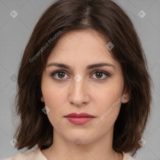 Neutral white young-adult female with medium  brown hair and brown eyes