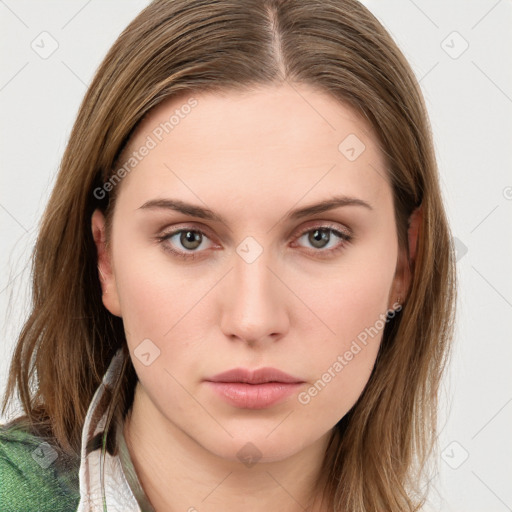 Neutral white young-adult female with long  brown hair and blue eyes