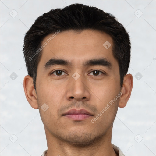 Neutral asian young-adult male with short  black hair and brown eyes