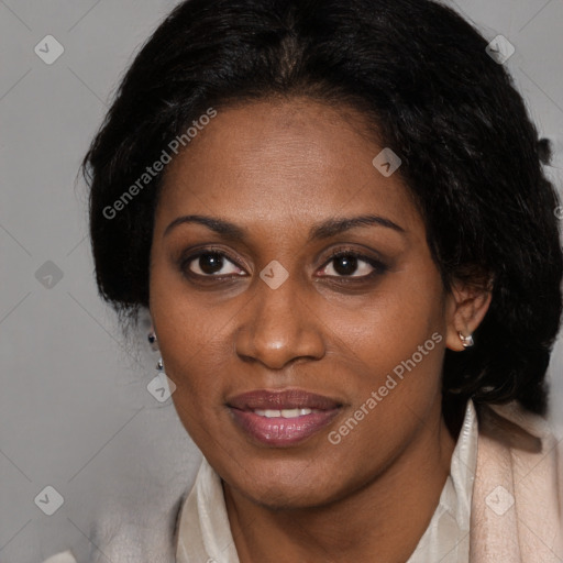 Joyful black adult female with medium  brown hair and brown eyes