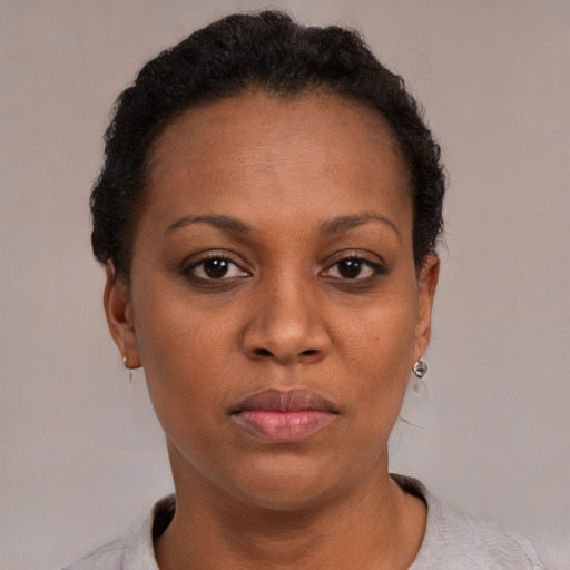 Neutral black young-adult female with short  black hair and brown eyes